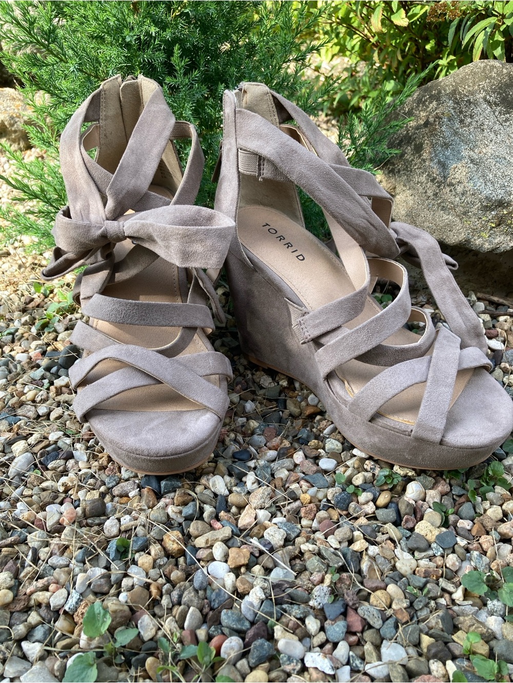 Torrid Size 6.5W natural taupe strappy ankle wrap platform wedge sandals